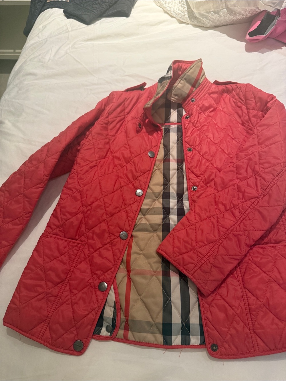 Burberry Red Quilted Puffer Jacket with Signature Check Lining